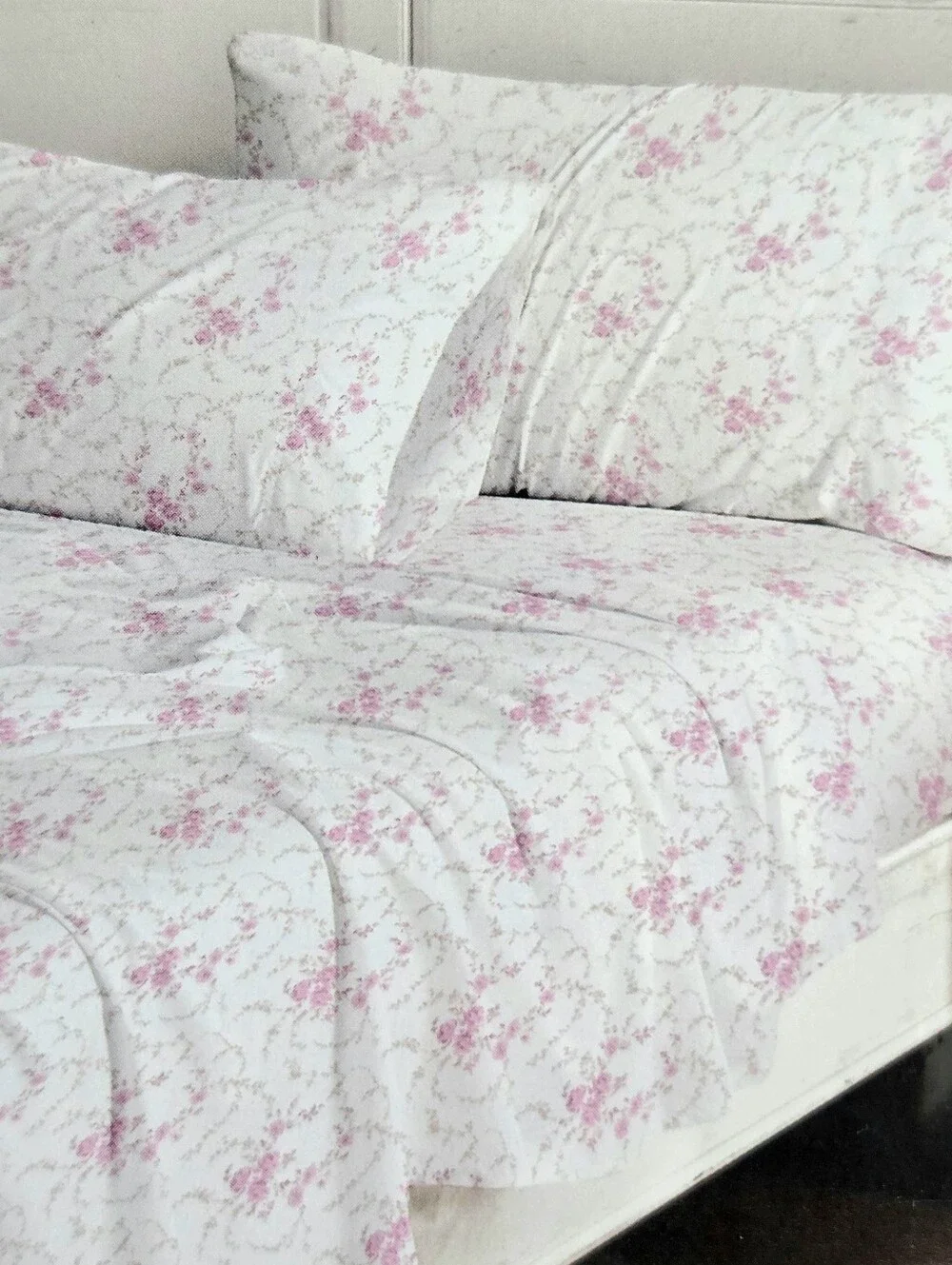Shabby Chic Rachel Ashwell Cotton QUEEN sheet set Pink Floral Leaf Vines NEW